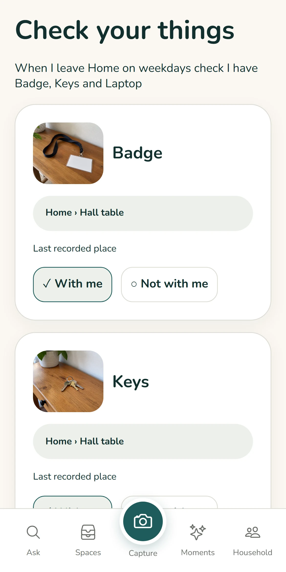 A tickable leaving-home checklist shows Badge and Keys, their photos and last recorded places, with With me and Not with me choices.