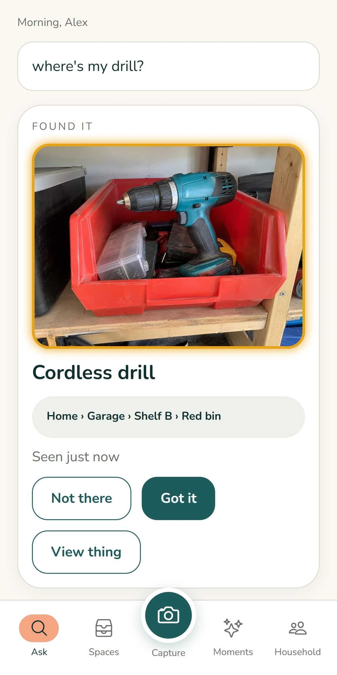 Remme app preview: a cordless drill photo and its last recorded place, Home › Garage › Shelf B › Red bin.